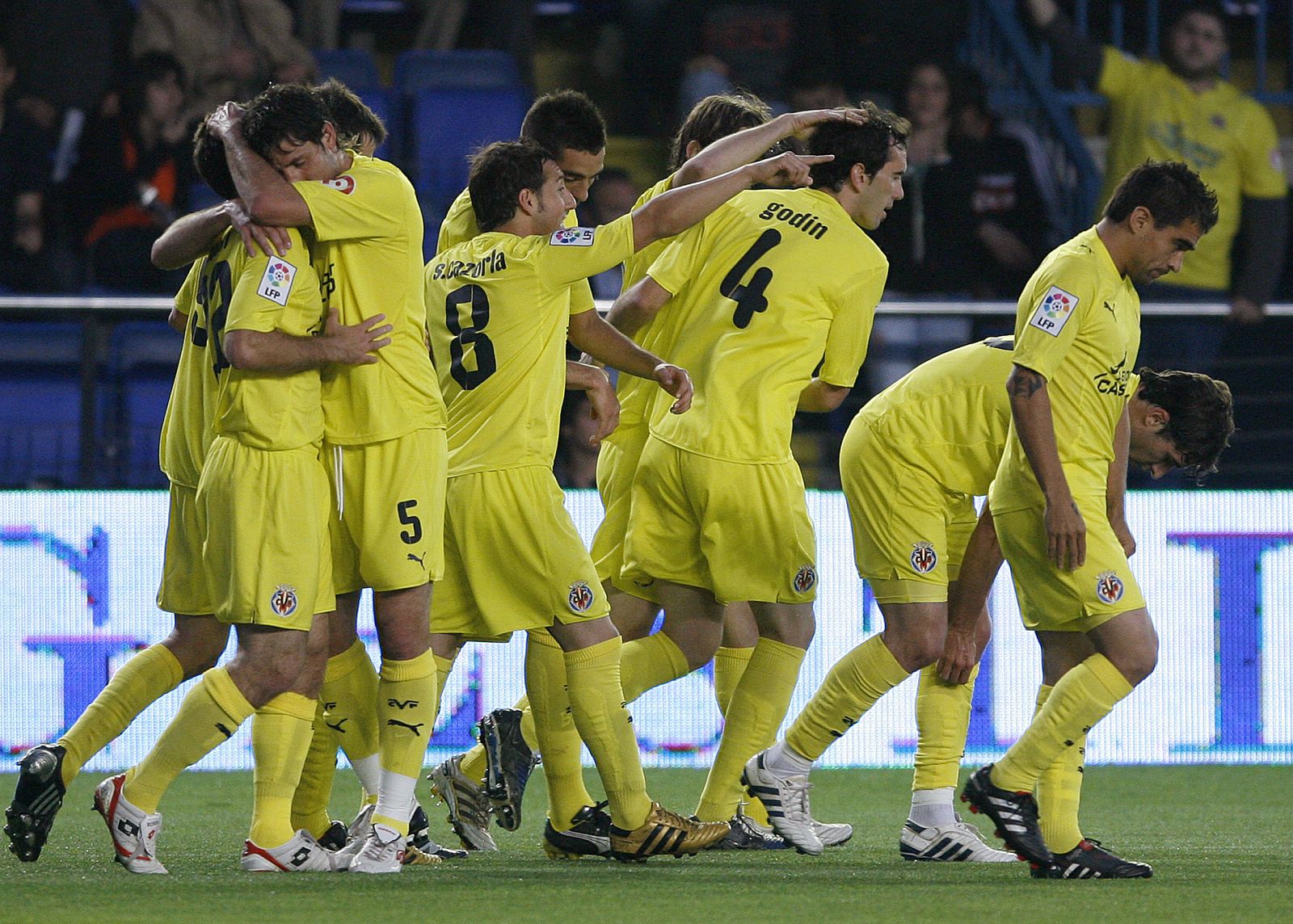 Villarreal's players celebrate after scoring against Valencia during their Spanish first division soccer match in Villarreal