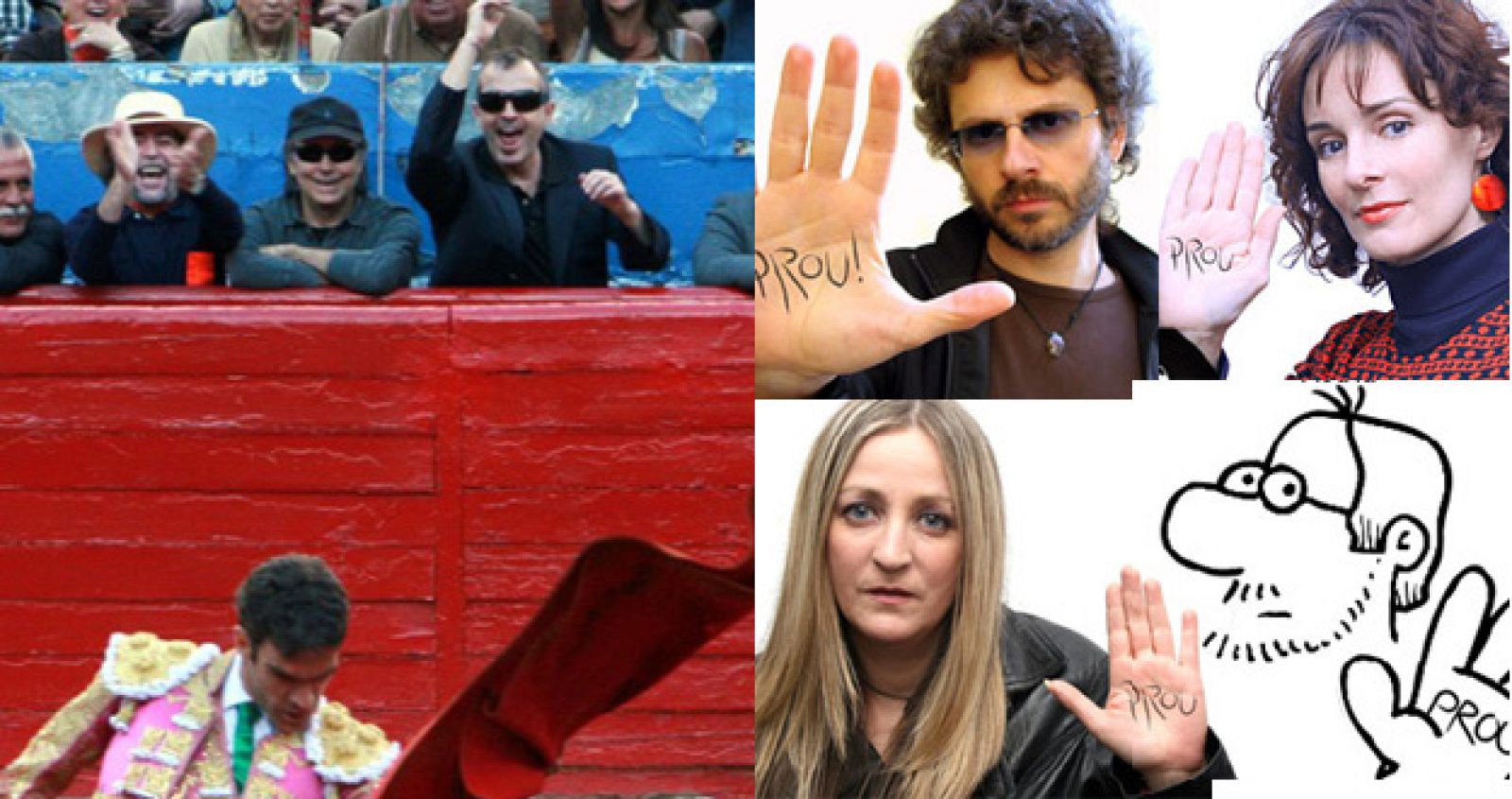 A la izquierda, Serrat, Sabina y Bosé viendo torear a José Tomás; a la derecha, Ulloa, Marsó, Beltrán y Forges, que apoyan a la plataforma Antitaurina.