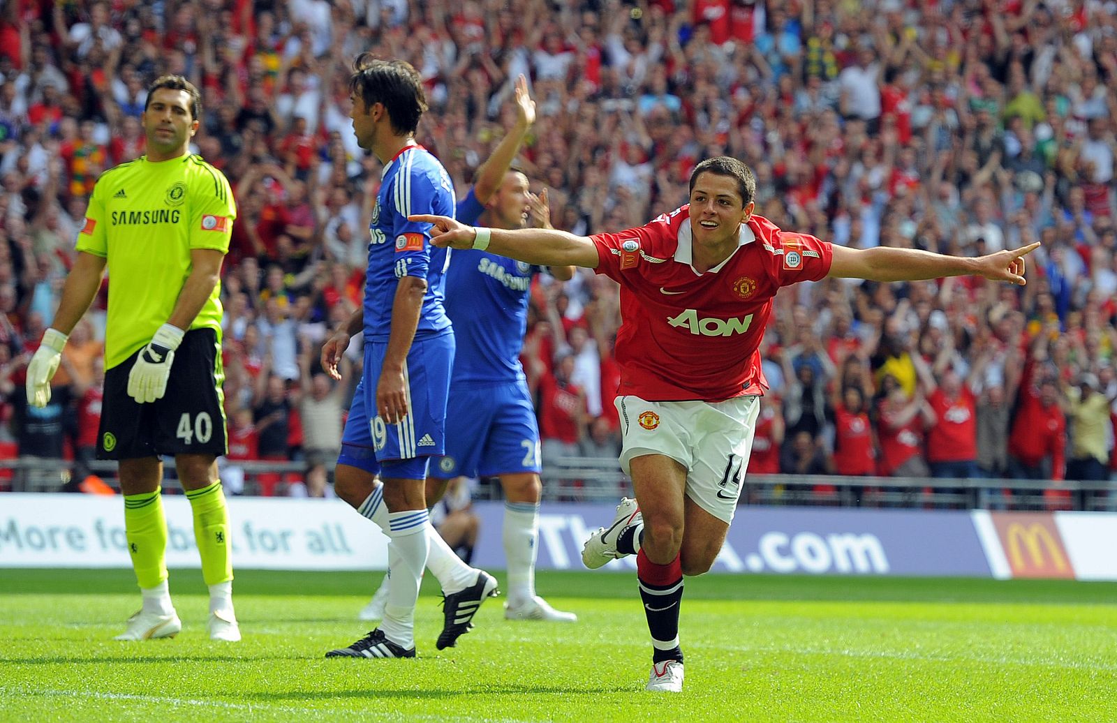 Manchester United's Hernandez celebrates scoring against Chelsea during their English Community Shield soccer match at Wembley Stadium in London