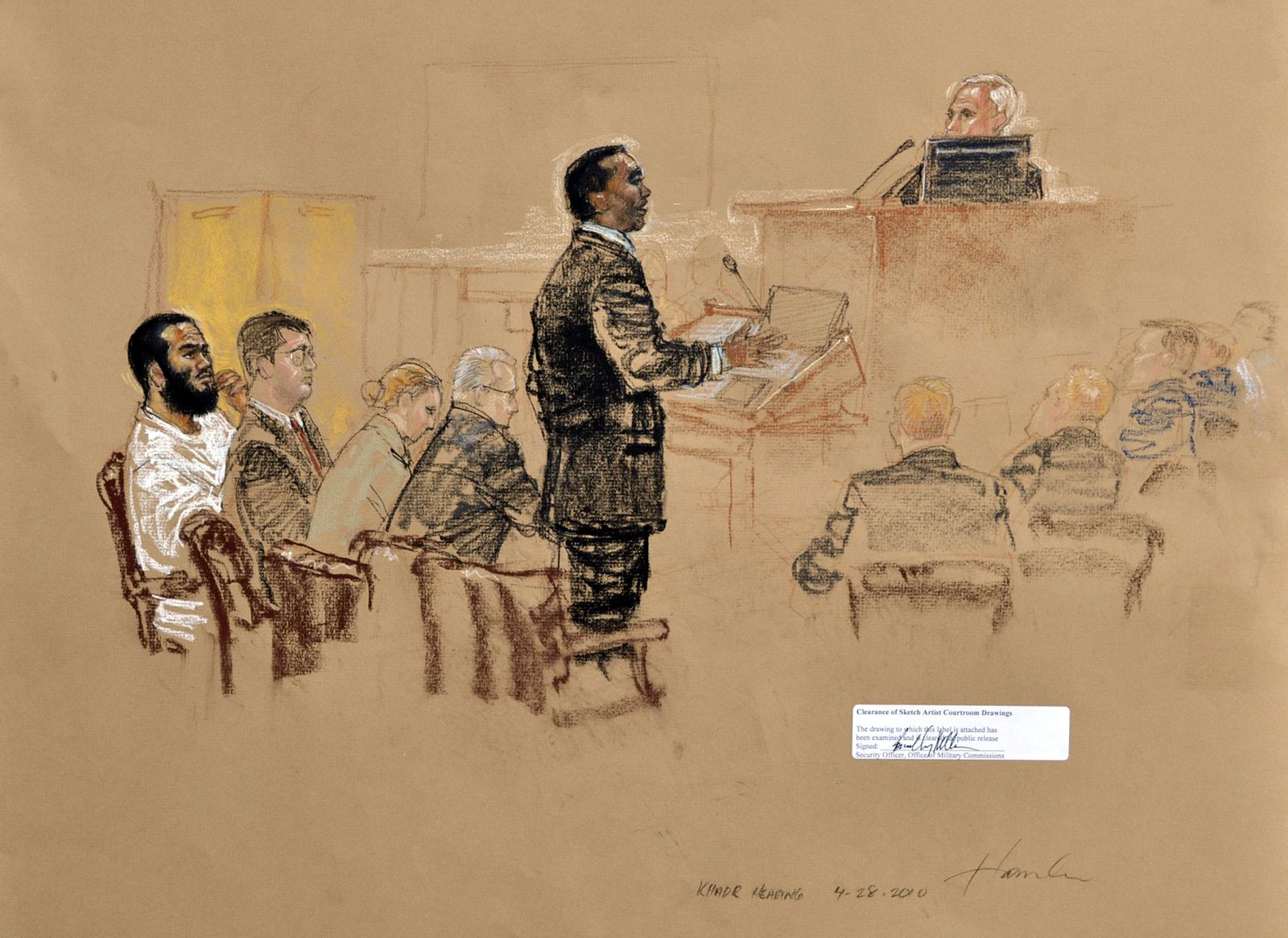 Dibujo del juicio contra Omar Khadr realizado en Guantánamo