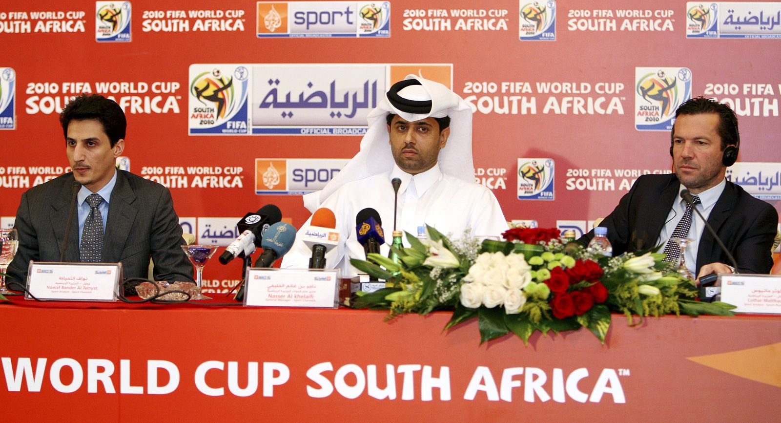 Saudi national footballer Nawaf Bander Al Temyat, Director General of Al Jazeera Sports Channel Nasser Al-Khulaifi and former German national footballer Lothar Matthaus attend the Al Jazeera Sports news conference in Doha