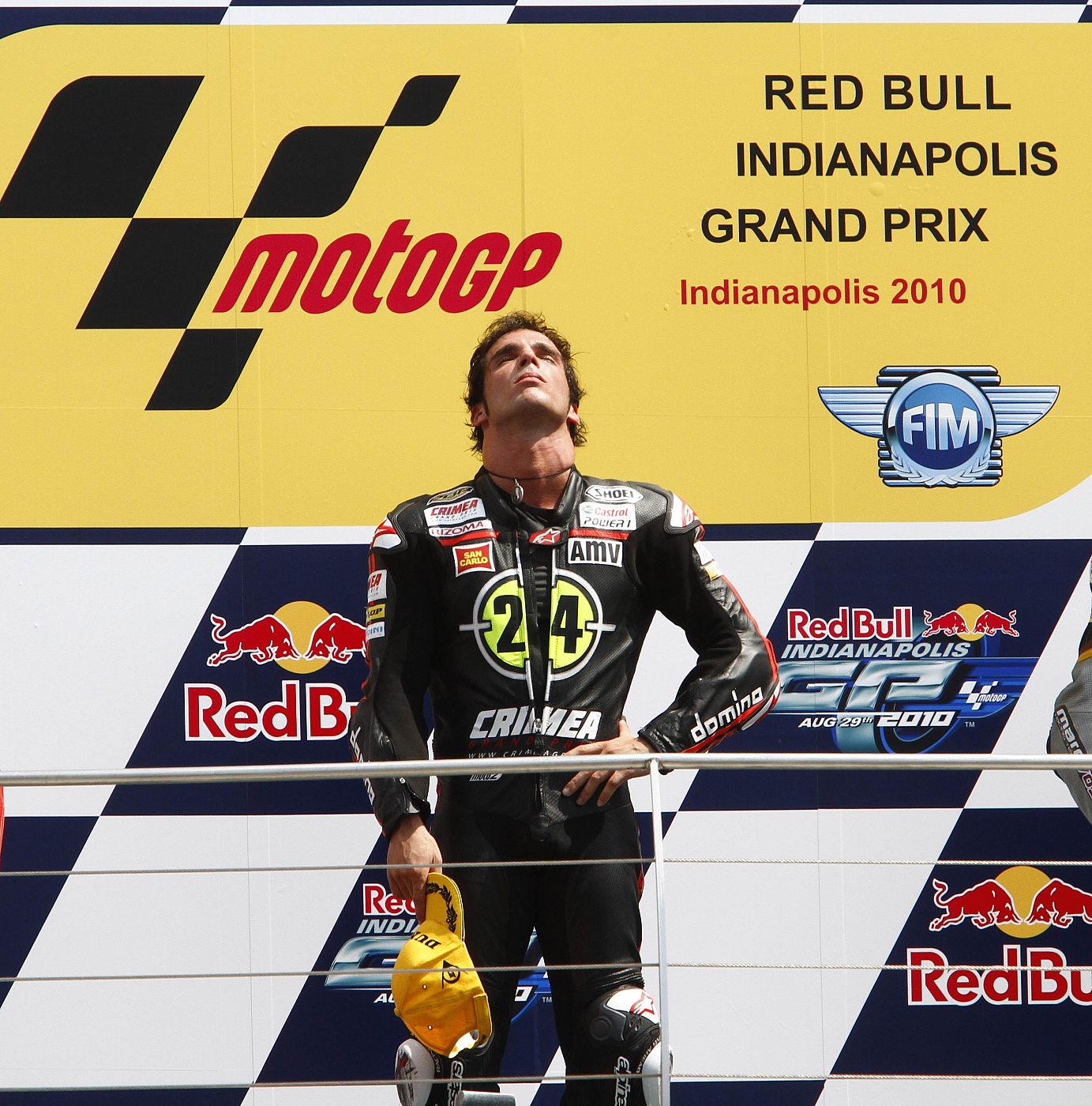 Toni Elias stands for the Spanish national anthem at the Indianapolis Motor Speedway