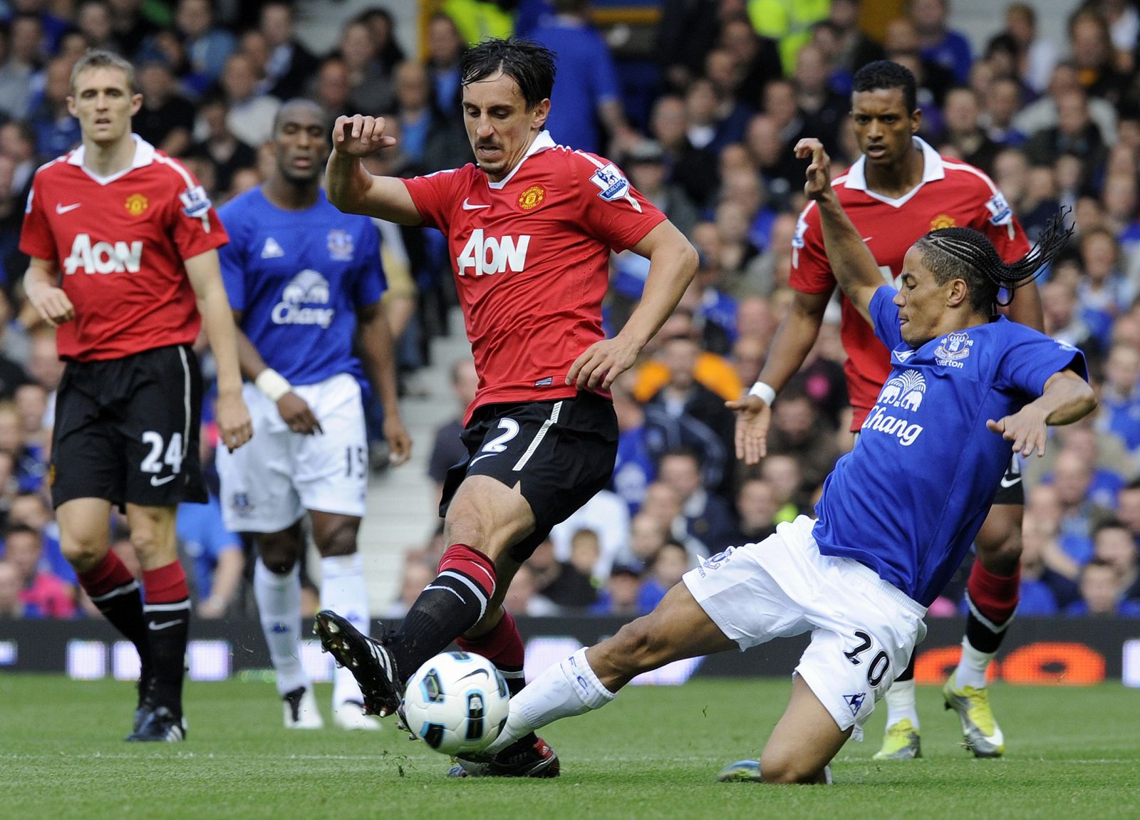 Everton's Pienaar challenges Manchester United's Neville during their English Premier League soccer match in Liverpool