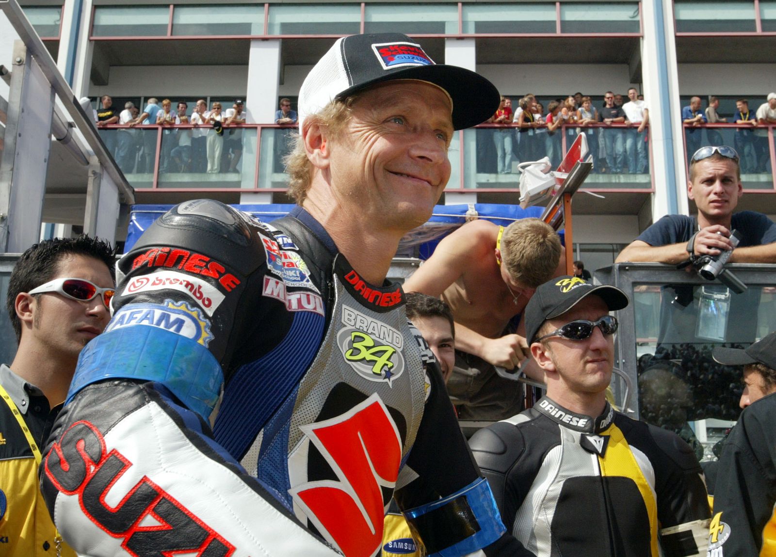 Former 500cc World champion Kevin Schwantz of Texas smiles before the start of the 68th Bol d'Or ...