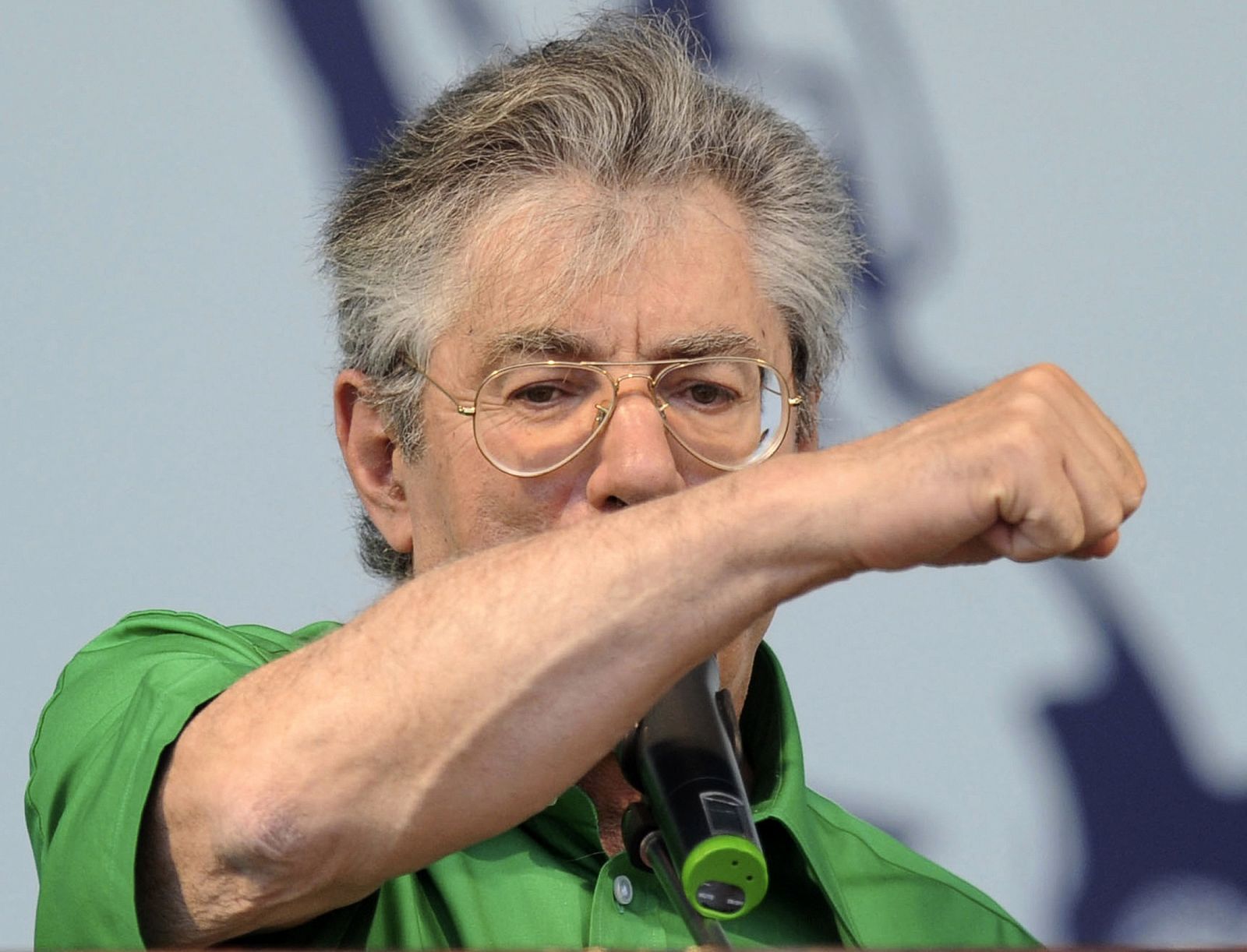 Bossi, leader of the far-right Northern League party, gestures during their rally in Pontida