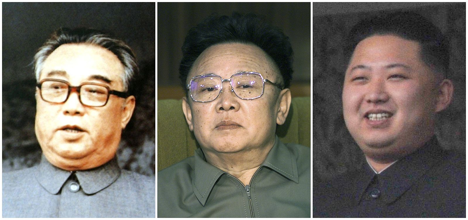Fotografías de la disnatía de gobernantes comunistas de Corea del Norte: de izquierda a derecha, el fundador, Kim Il-sung; el dirigente fallecido, Kim Jong-il y su hijo y heredero, Kim Jong-un