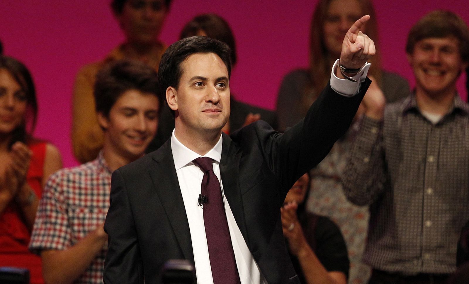 Ed Miliband points after making his first speech as Labour Party leader at the party's annual conference in Manchester
