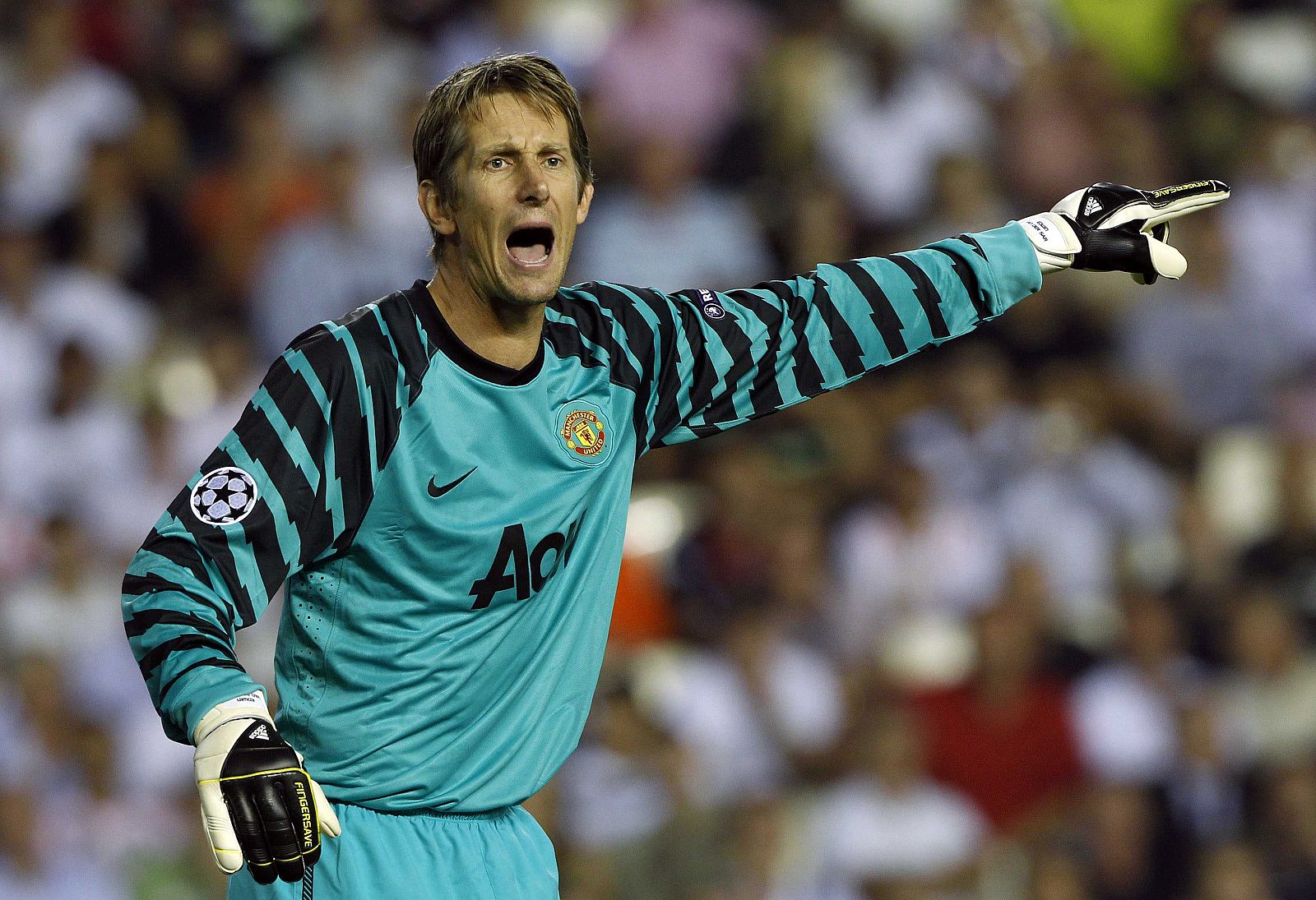 Manchester United's goalkeeper van der Sar gestures during their Champions League soccer match against Valencia at Mestalla stadium in Valencia