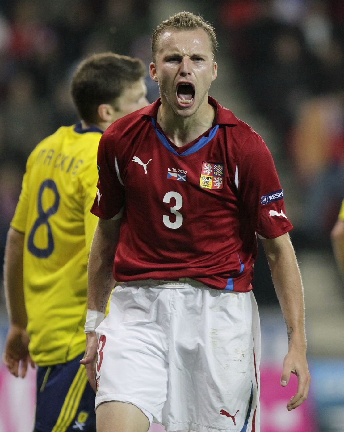 Michal Kadlec of Czech Republic reacts during their Euro 2012 qualifying soccer match against Scotland in Prague