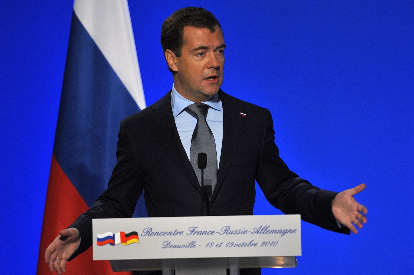 Russia's President Medvedev speaks at a news conference in Deauville