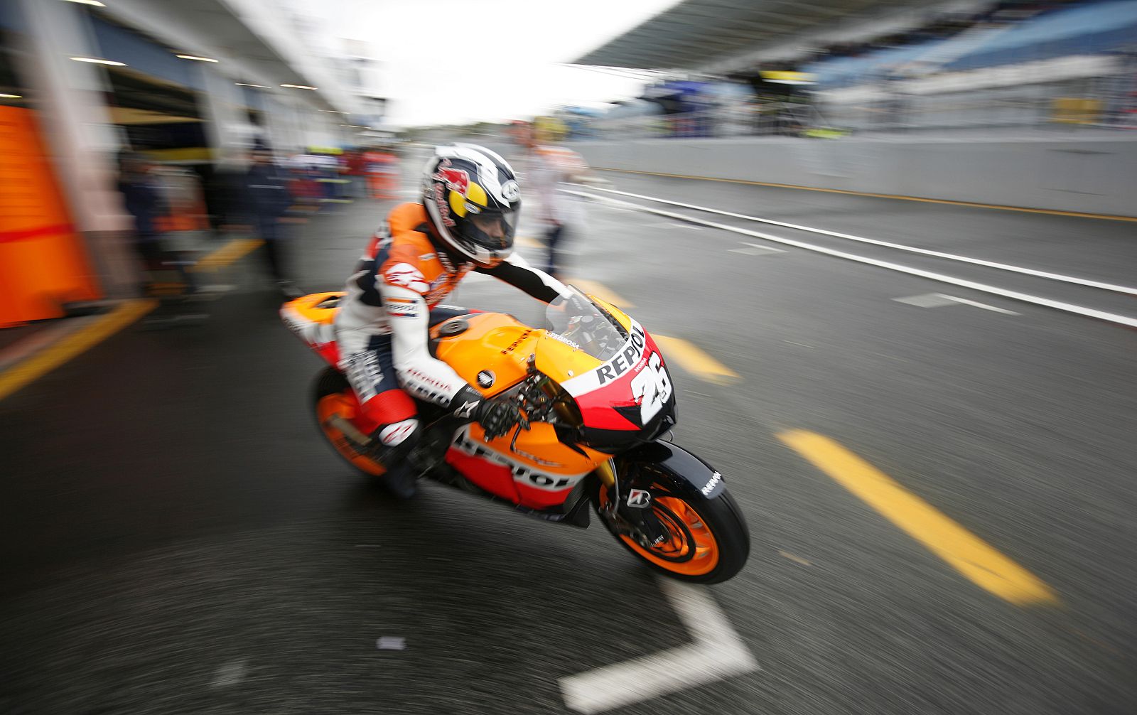Honda MotoGP rider Dani Pedrosa of Spain goes out onto the track during the third free practice session of the Portugal Grand Prix in Estoril