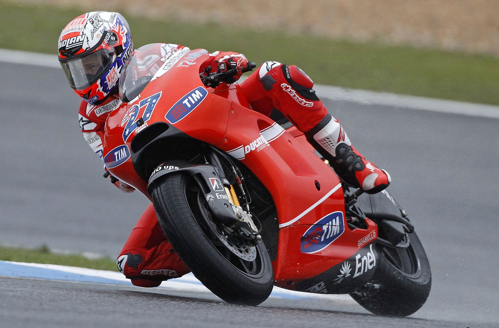 Ducati MotoGP rider Casey Stoner of Australia negotiates a corner during the third free practice session for the Portuguese Grand Prix in Estoril