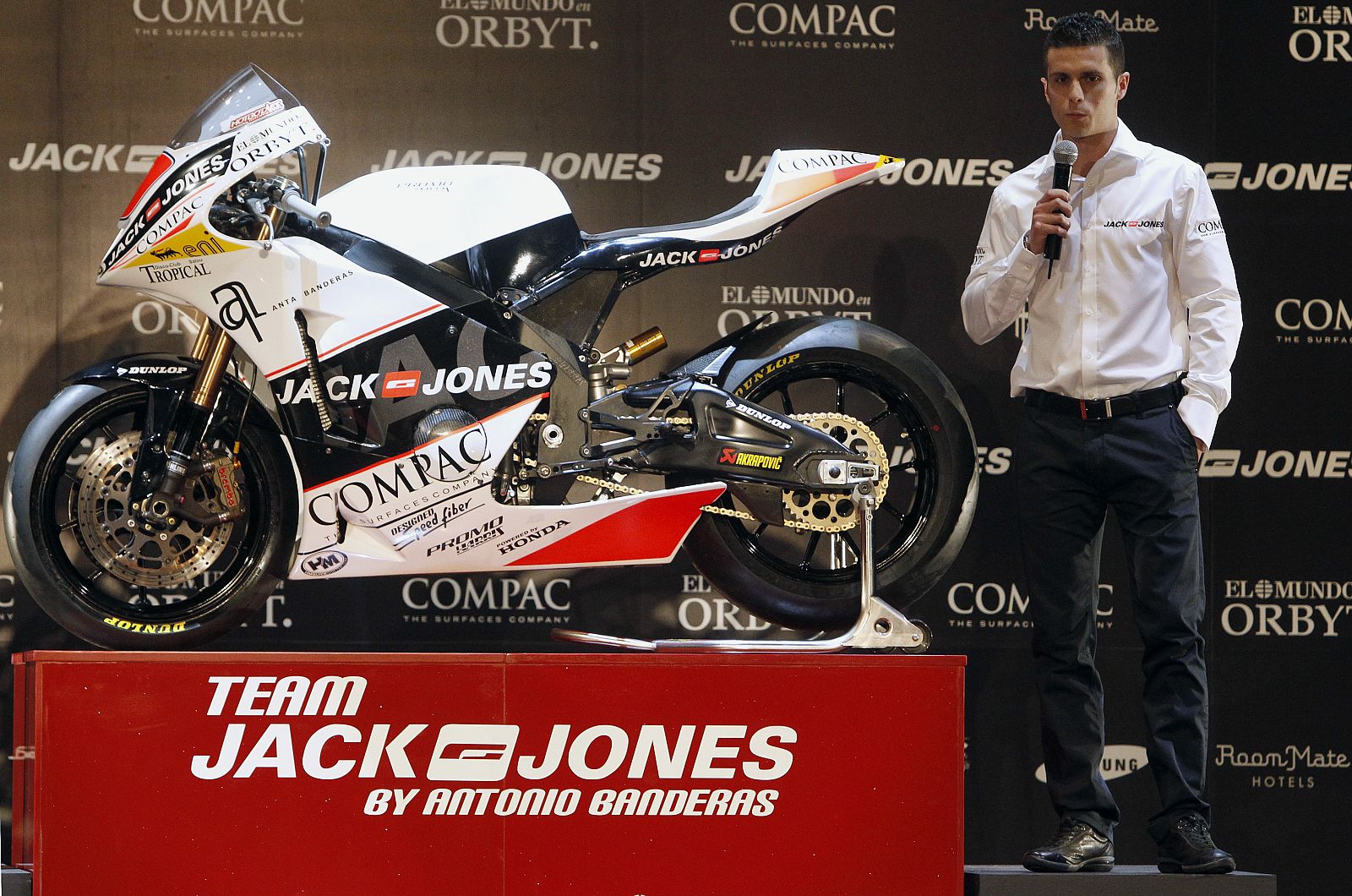 Rider Olive delivers a speech during the presentation of the Moto2 championship team Jack&Jones of Spanish actor Banderas, in central Madrid