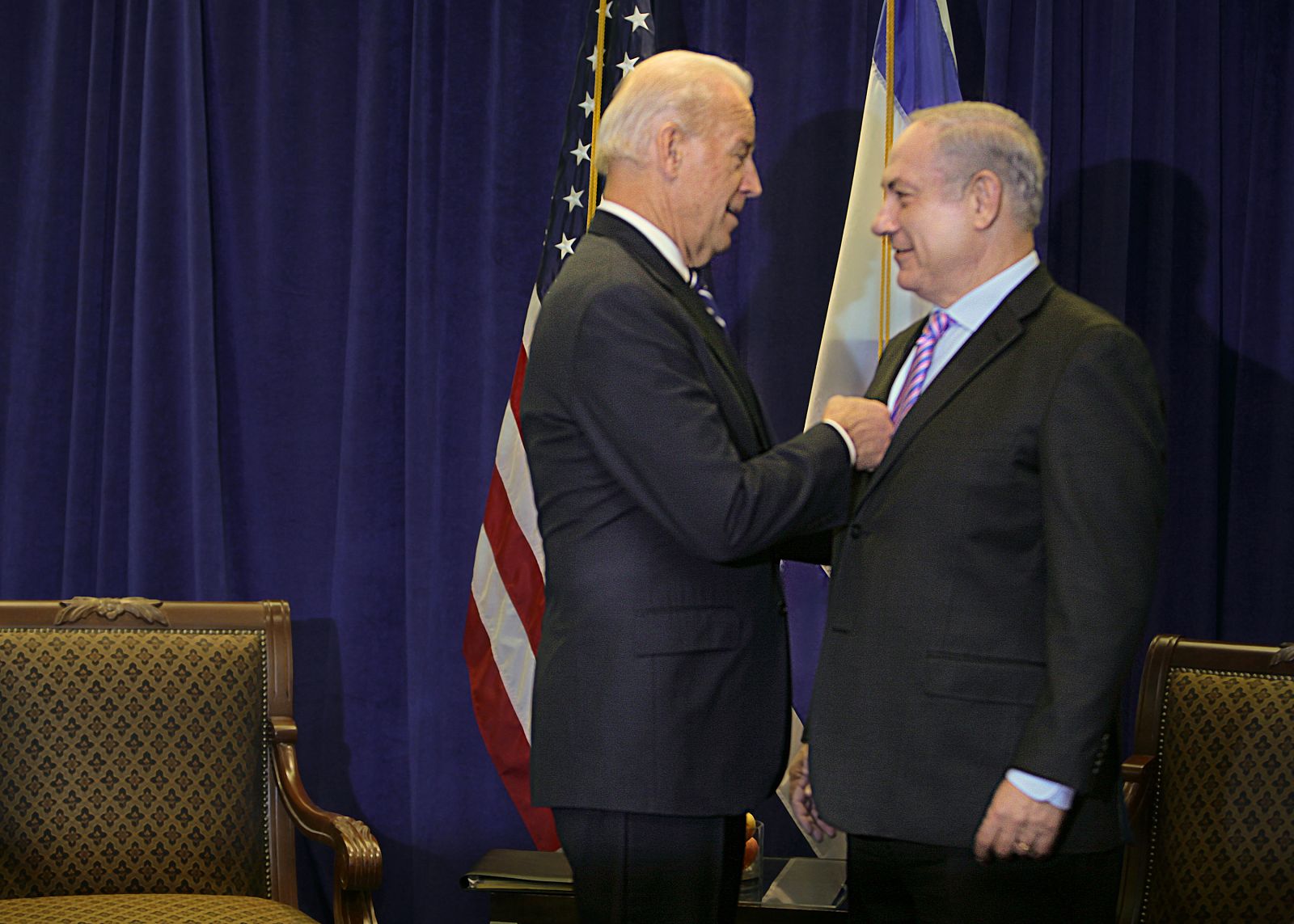 U.S. Vice President Joe Biden speaks with Israel's Prime Minister Benjamin Netanyahu during a meeting on Middle East security in New Orleans, Louisiana
