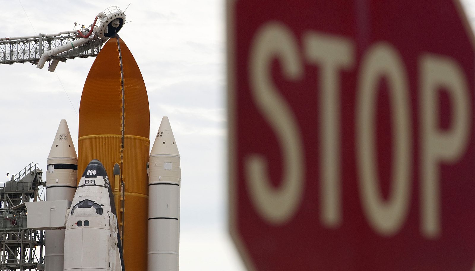 The space shuttle Discovery STS-133 sits on launch pad 39A at the Kennedy Space Center in Cape Canaveral