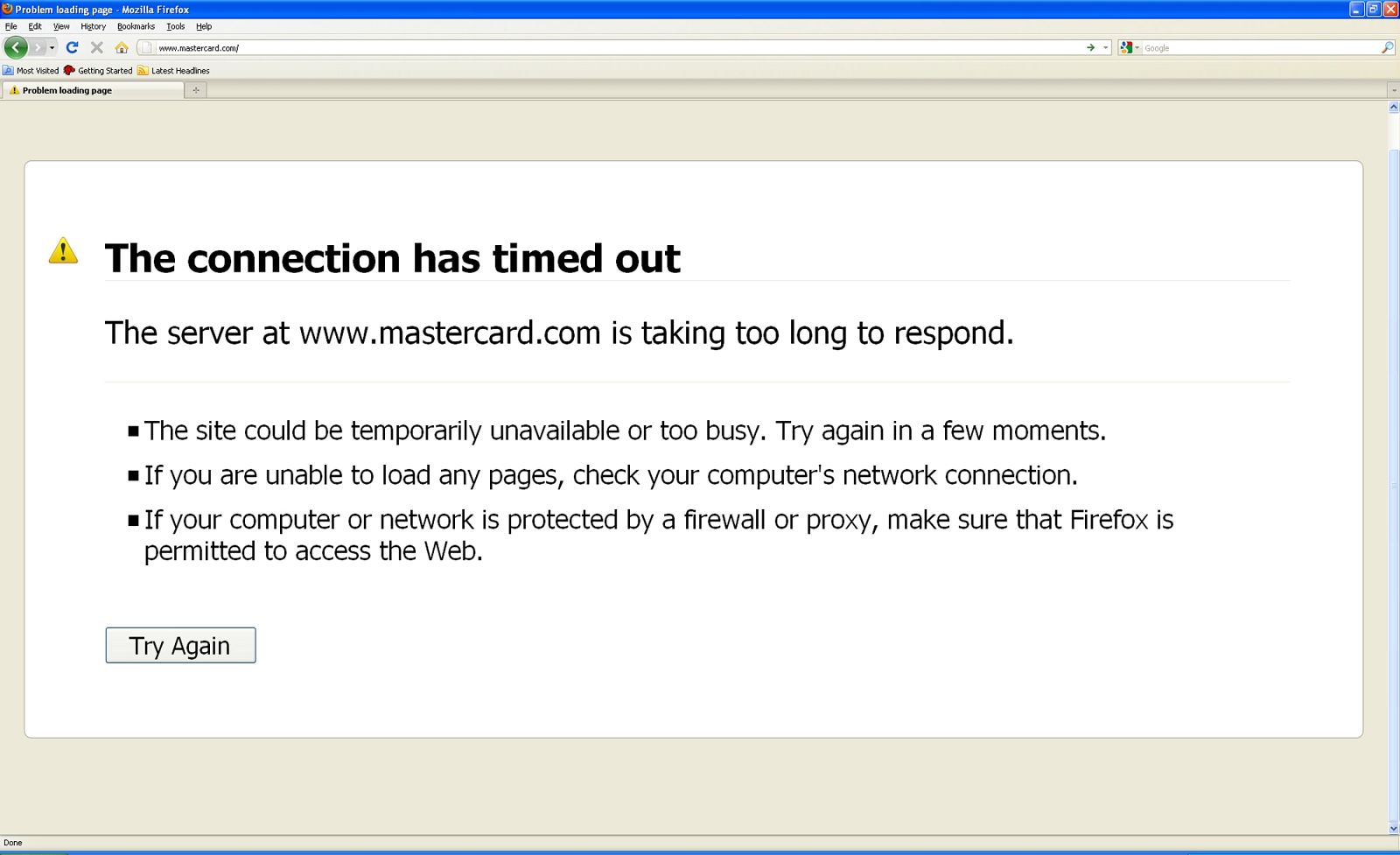 Imagen de la página de MasterCard tras registrar el ataque cibernético