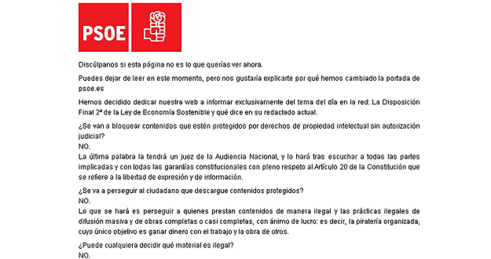 Pagina inicial de la web del PSOE con un texto explicativo sobre la ley Sinde