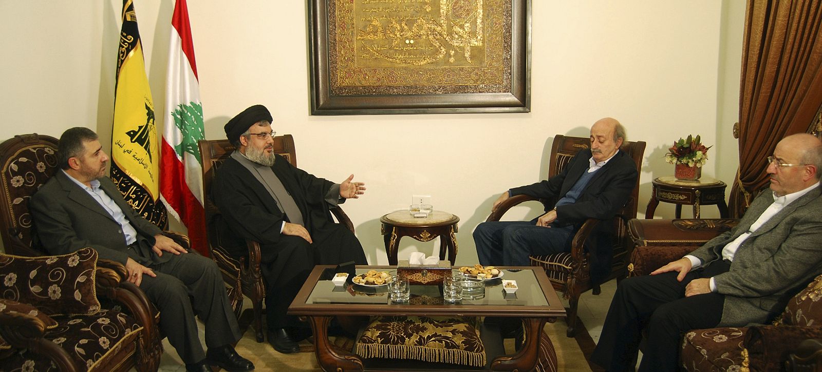 Lebanon's Hezbollah leader Sayyed Hassan Nasrallah meets with Druze leader Walid Jumblatt, Lebanon's Minister of Public Works and Transport Ghazi Aridi and Hezbollah senior official Wafik Safa in Beirut