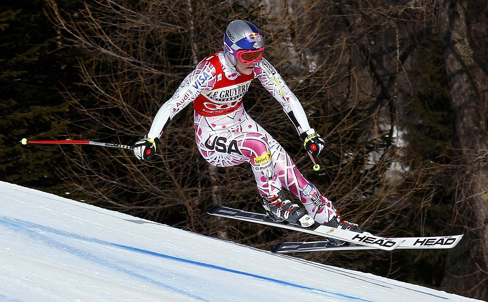 Vonn of the U.S. is seen airborne during the FIS Alpine Skiing World Cup women's Super-G event  in Cortina D'Ampezzo