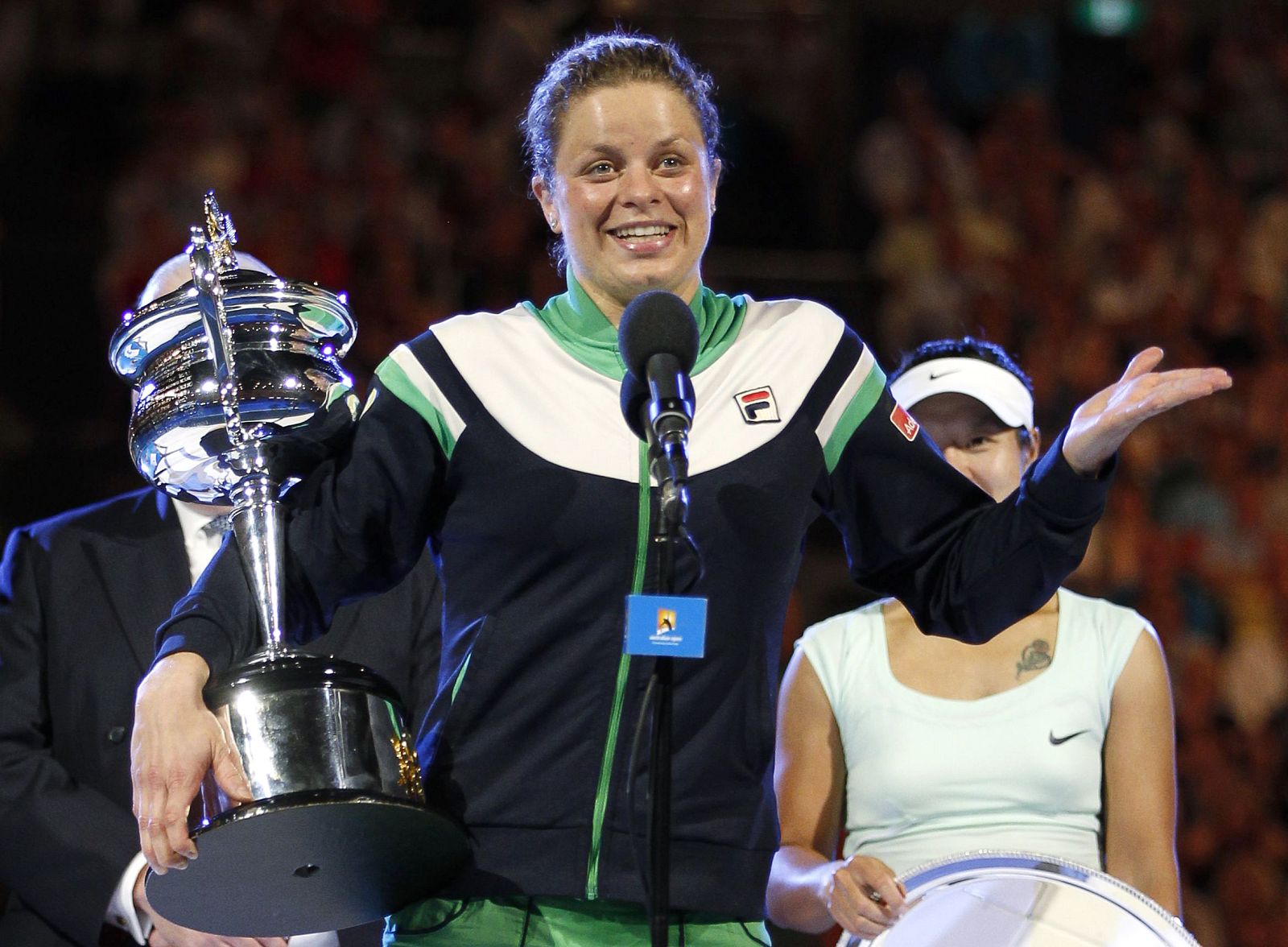 Clijsters of Belgium speaks after winning Li of China in their women's singles final match at the Australian Open tennis tournament in Melbourne