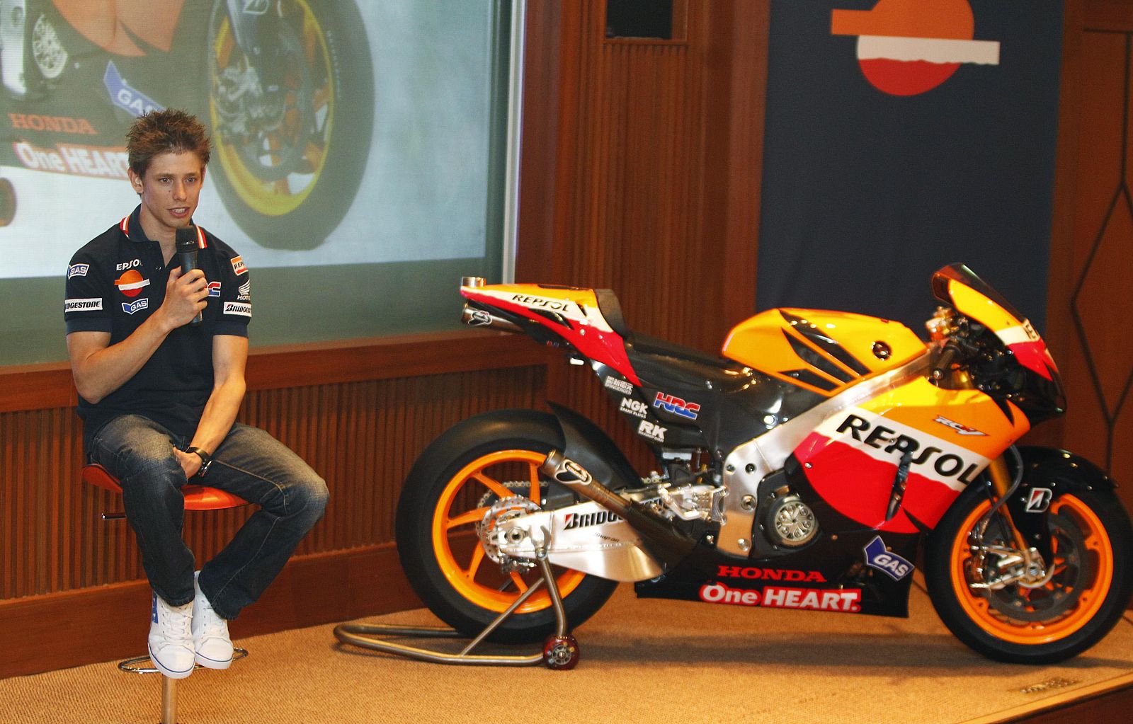 Honda MotoGP rider Stoner of Australia speaks during a news conference in Sepang