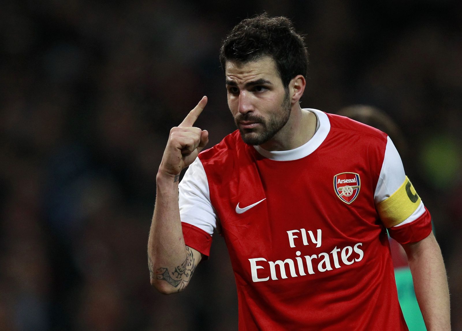 Arsenal captain Fabregas encourages his teammates during their Champions League soccer match against Barcelona in north London