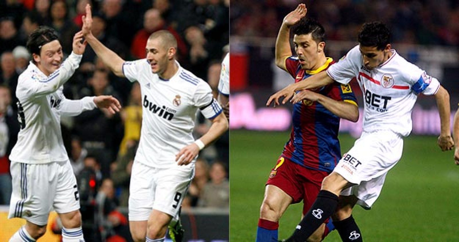 Benzema celebra un gol con su compañero Özil y Navas roba el balón al azulgrana Villa.