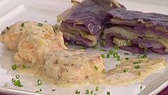 Filetes rusos de salmón con lasaña de patata y lombarda (29/03/11)