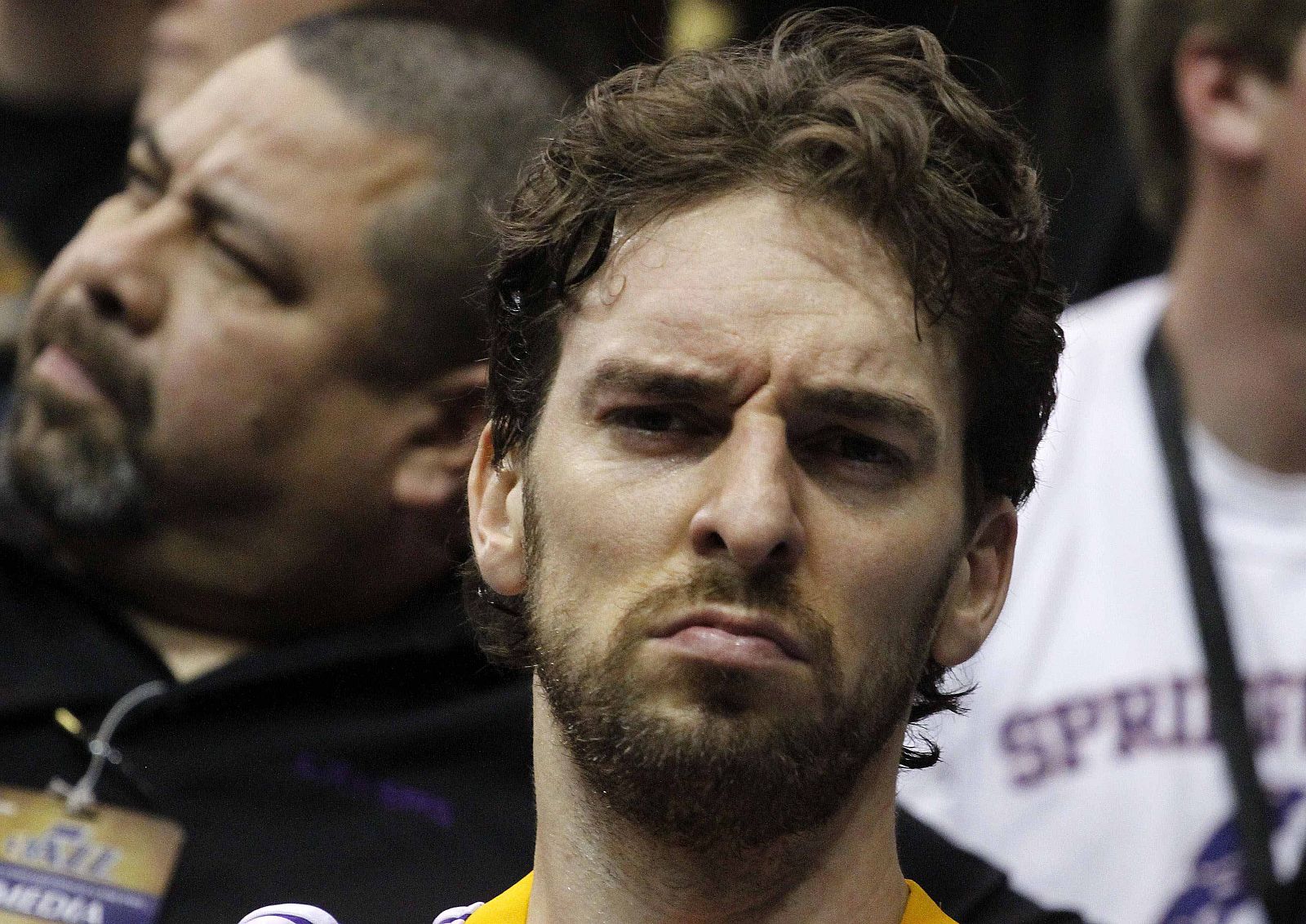 Los Angeles Lakers forward Gasol watches from the bench during the second half of their NBA basketball game against the Utah Jazz in Salt Lake City, Utah