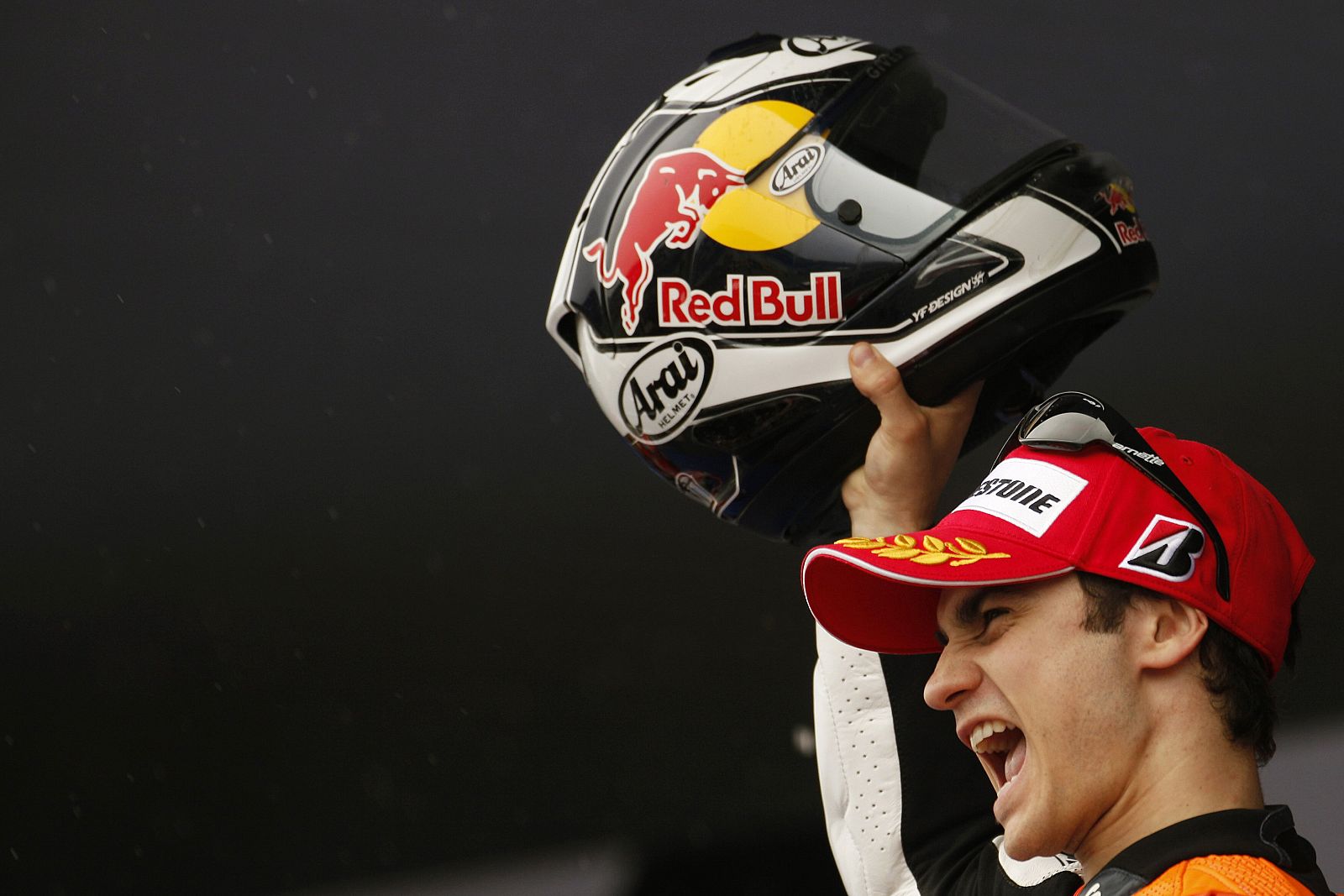 Honda MotoGP rider Dani Pedrosa of Spain celebrates his second place on the podium after the Spanish Grand Prix in Jerez