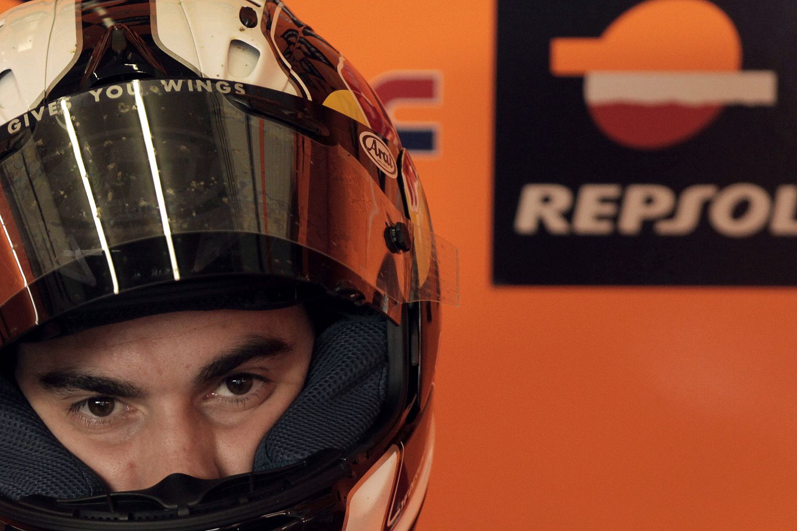 Honda MotoGP rider Dani Pedrosa of Spain sits in his garage during the third free practice session of the Spanish Grand Prix in Jerez
