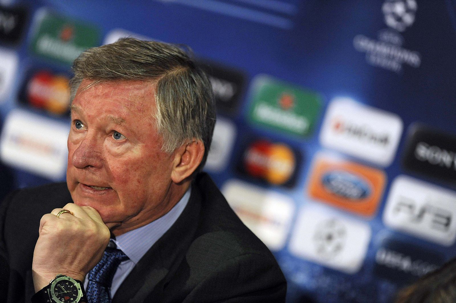 Manchester United's coach Ferguson speaks to media during a press conference at Old Trafford in Manchester