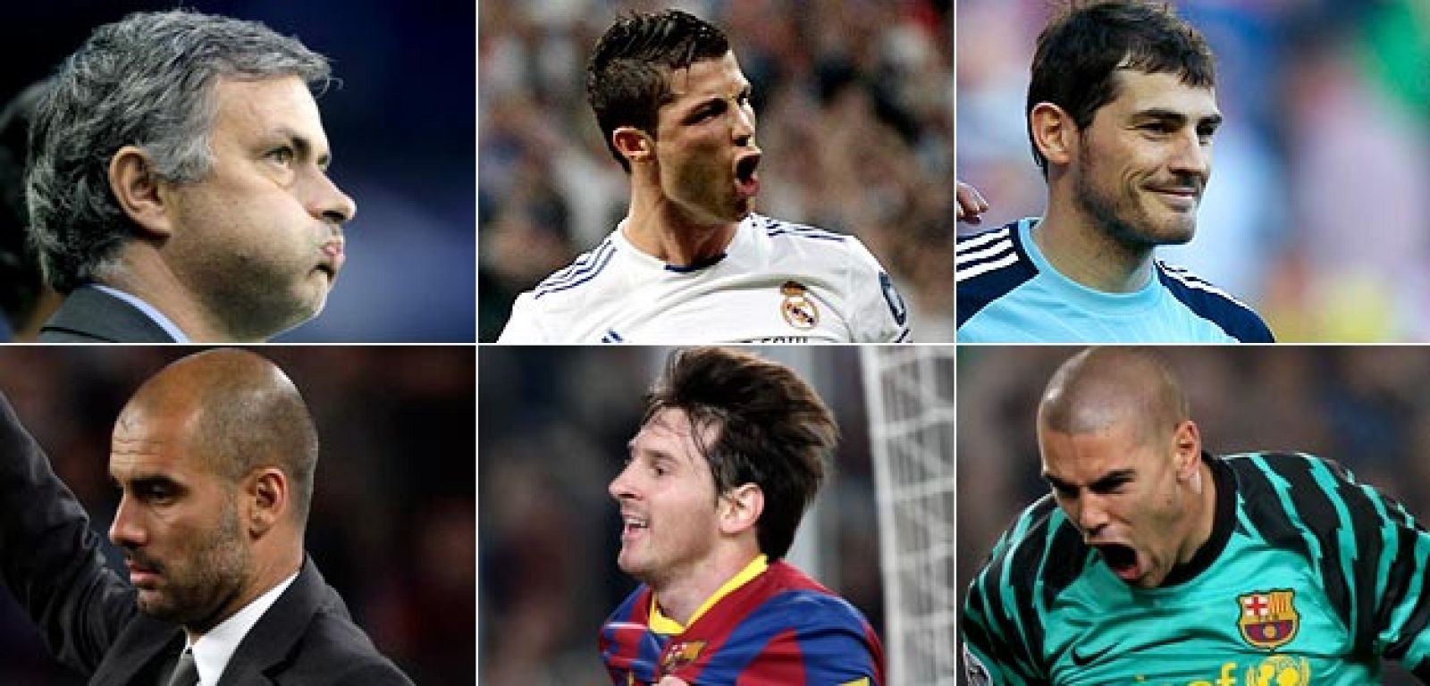 Jose Mourinho, Cristiano Ronaldo, Iker Casillas, Pep Guardiola, Leo Messi y Víctor Valdés