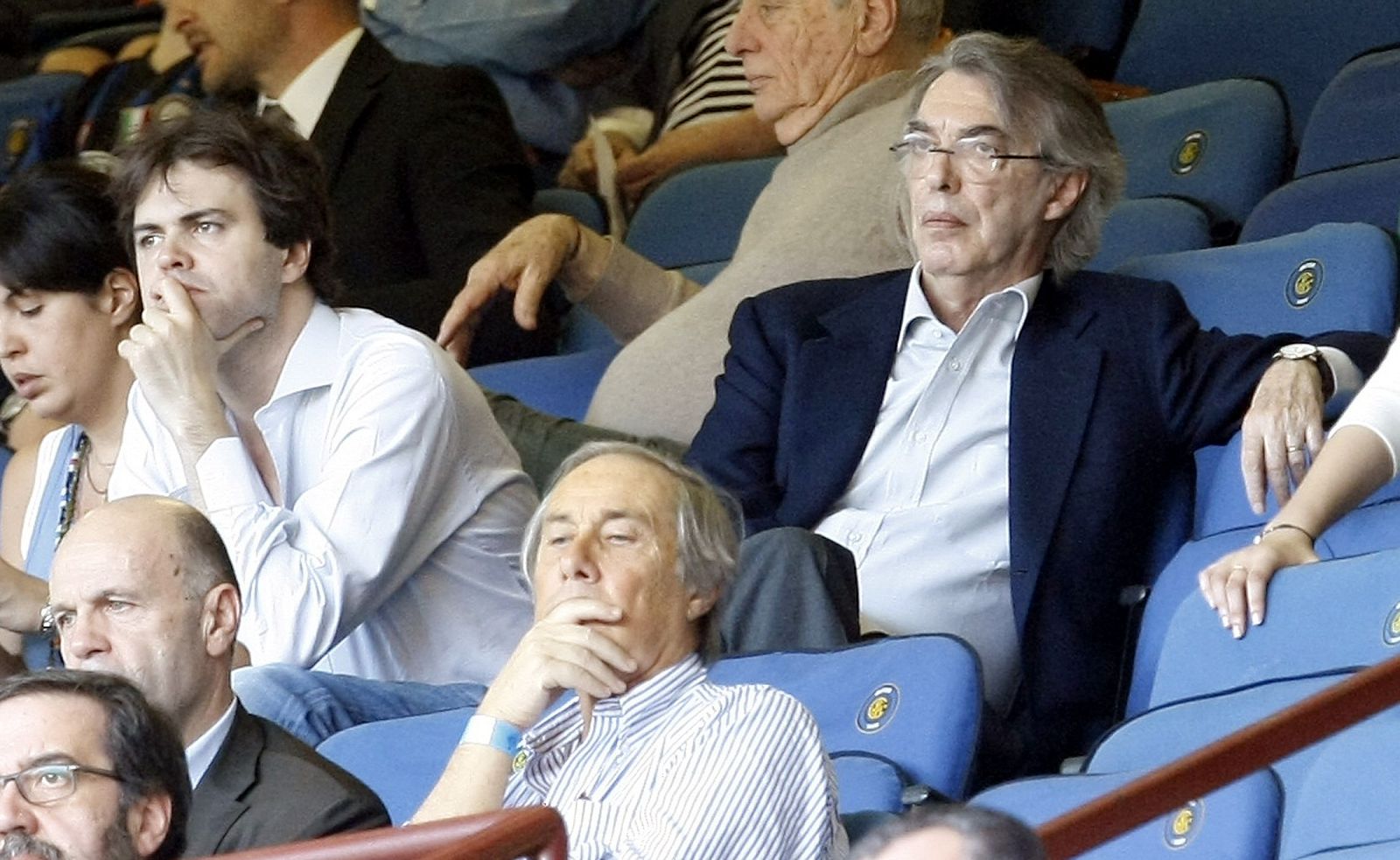 Inter Milan President Moratti  watches the Italian Serie A soccer match against Chievo with his son Angelomario in Milan
