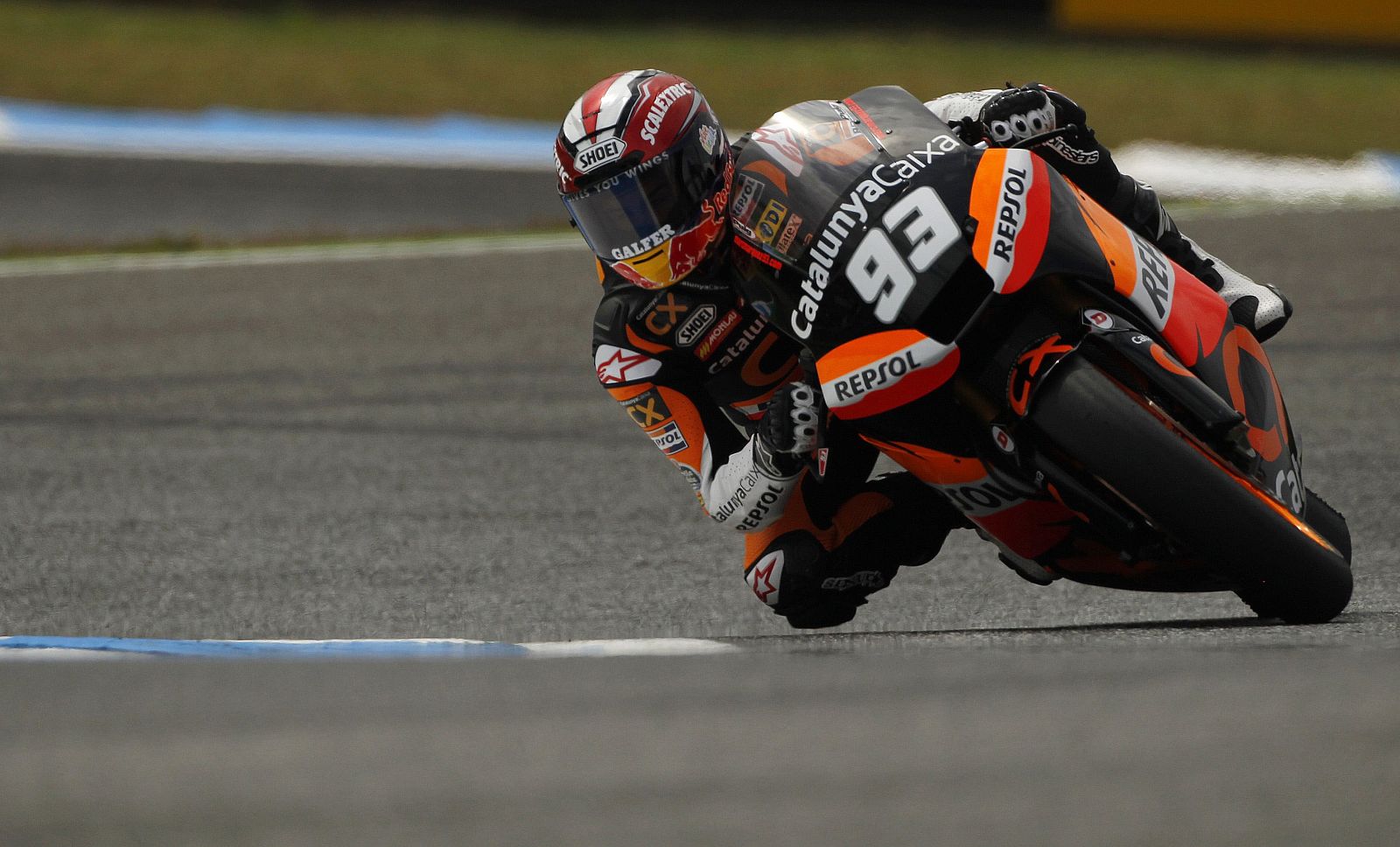 Marc Marquez of Spain takes a curve on his Moto2 Suter during the third free practice session at the Portuguese Grand Prix in Estoril
