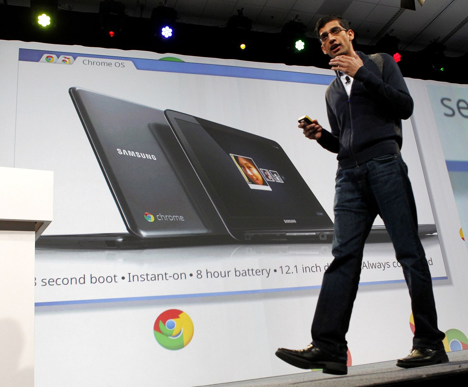 Sundar Pichai, senior vice president of Chrome at Google, announces a Samsung notebook running Google Chrome OS during the keynote address