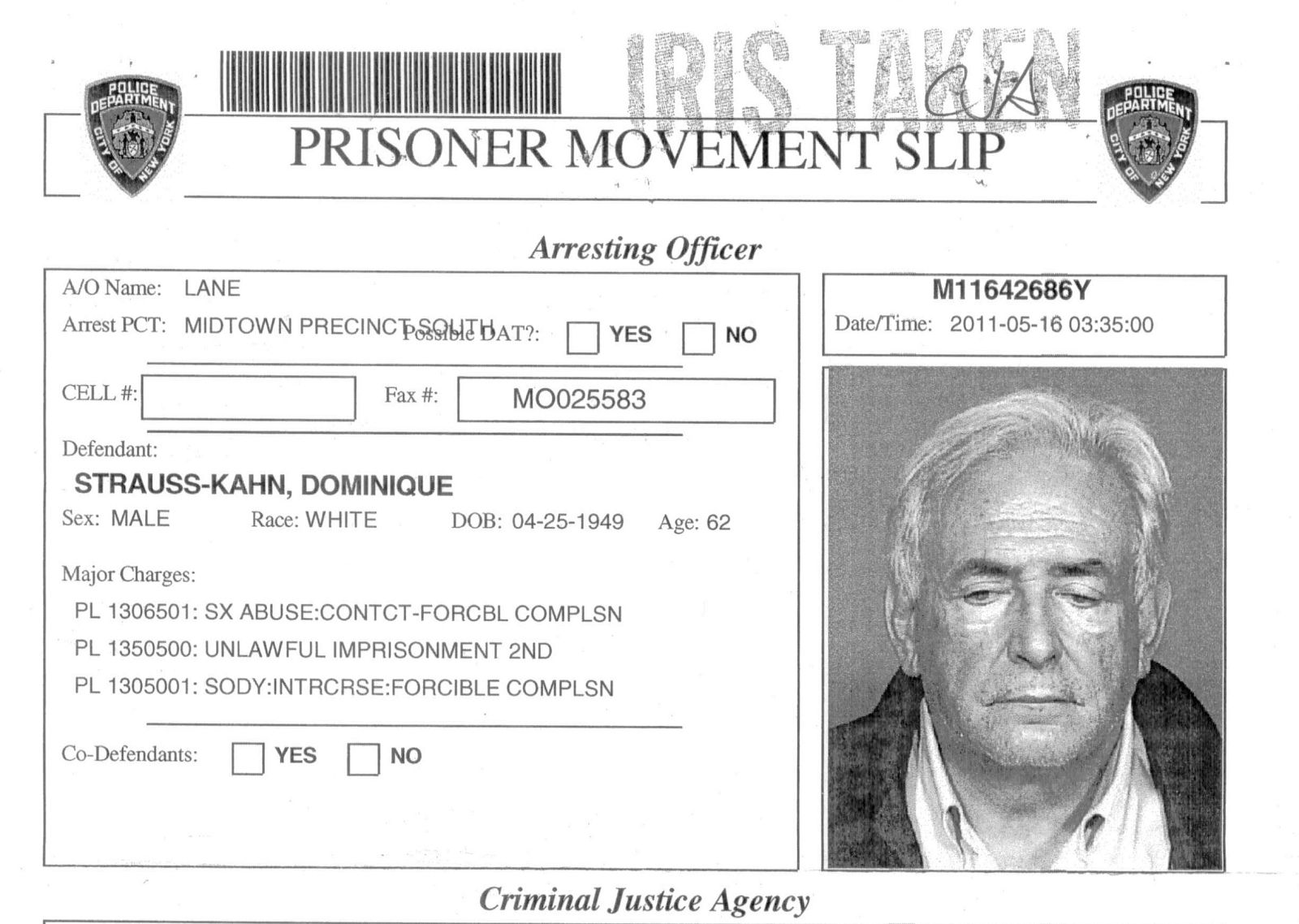 Ficha de detenido del director del FMI Dominique Strauss-Kahn