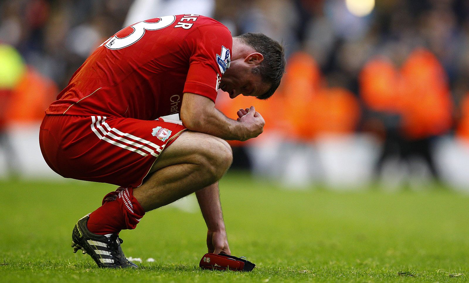 Liverpool's Carragher reacts following their English Premier League soccer match against Tottenham Hotspur in Liverpool