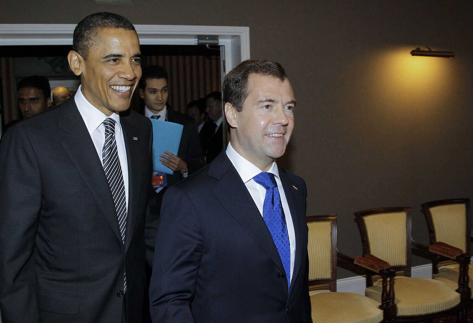 U.S. President Obama and Russia's President Medvedev arrive at the G8 summit in Deauville