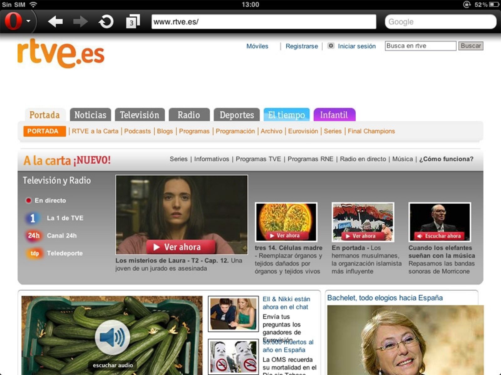 Así se ve la web de RTVE.es en el navegador Opera Mini 6 en un iPad