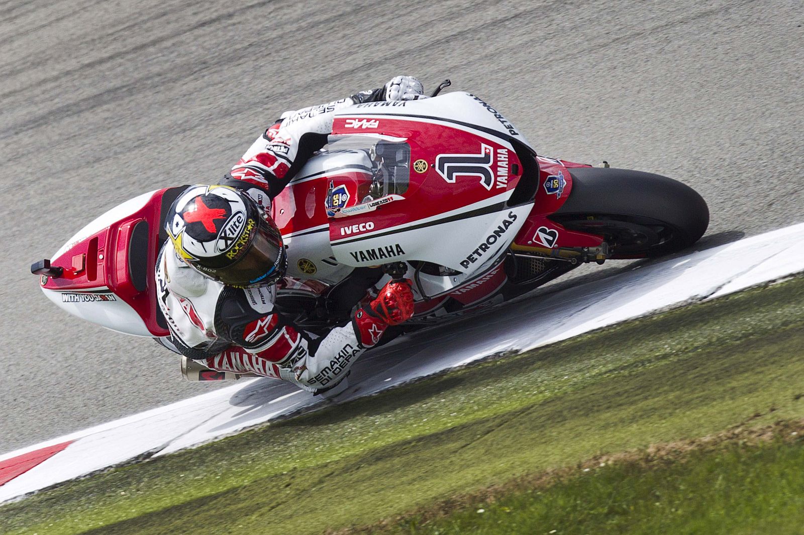 Yamaha MotoGP rider Lorenzo of Spain races during the second practice of the MotoGP Grand Prix in Assen