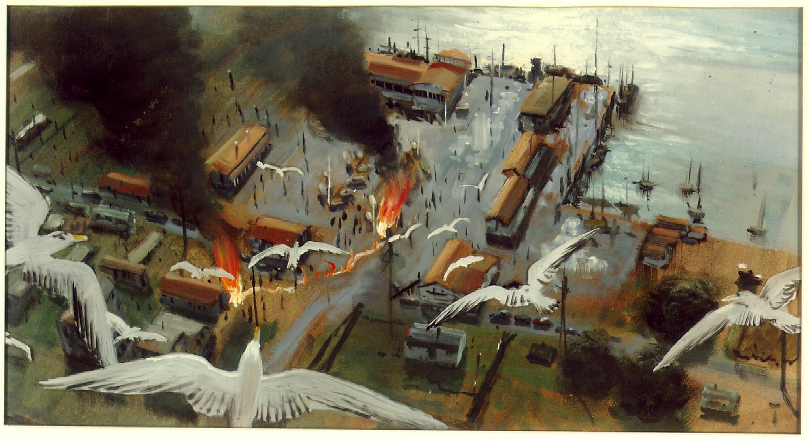 Dibujo de una escena de 'Los pájaros' (1963), incluida en la base de datos de la Academia de Hollywood.