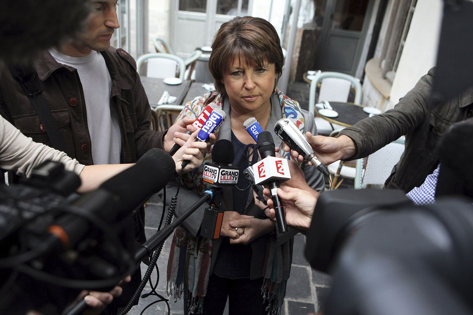 France's Socialist Party leader Martine Aubry speaks to the media in Lille