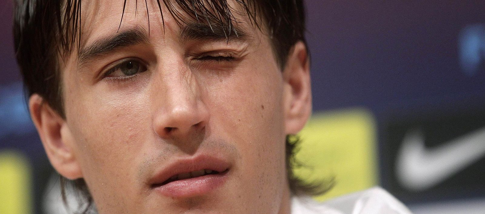 Spanish soccer player Bojan Krkic attends a news conference at Camp Nou stadium in Barcelona