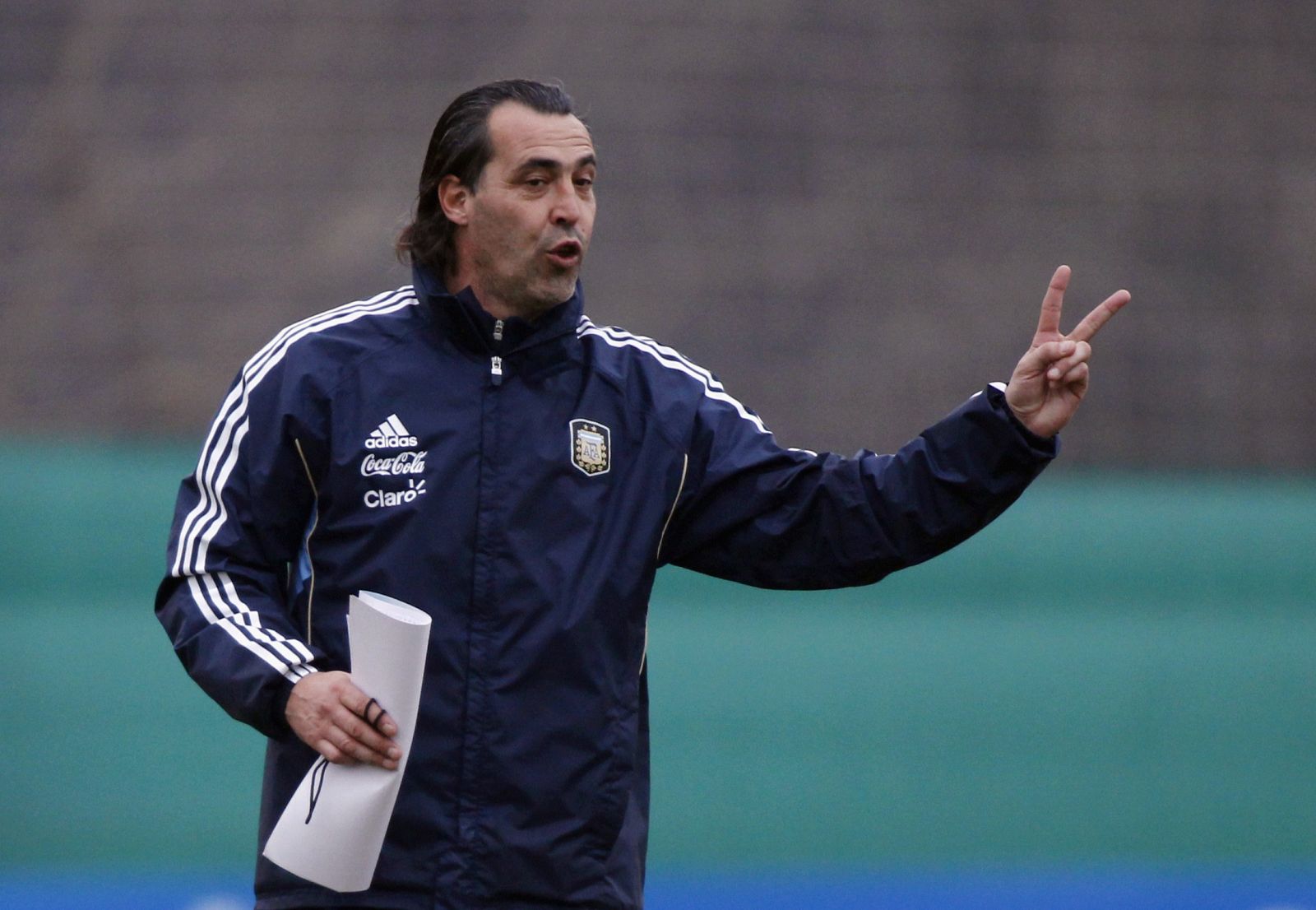 Argentina's coach Batista gestures during a training session at the squad's headquarters in Buenos Aires