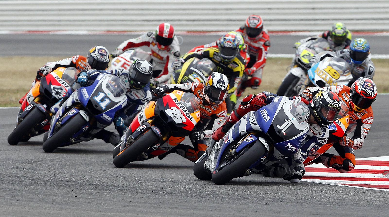 Winner Yamaha MotoGP rider Jorge Lorenzo of Spain leads the pack during the first lap of the San Marino motorcycling Grand Prix at the Misano circuit