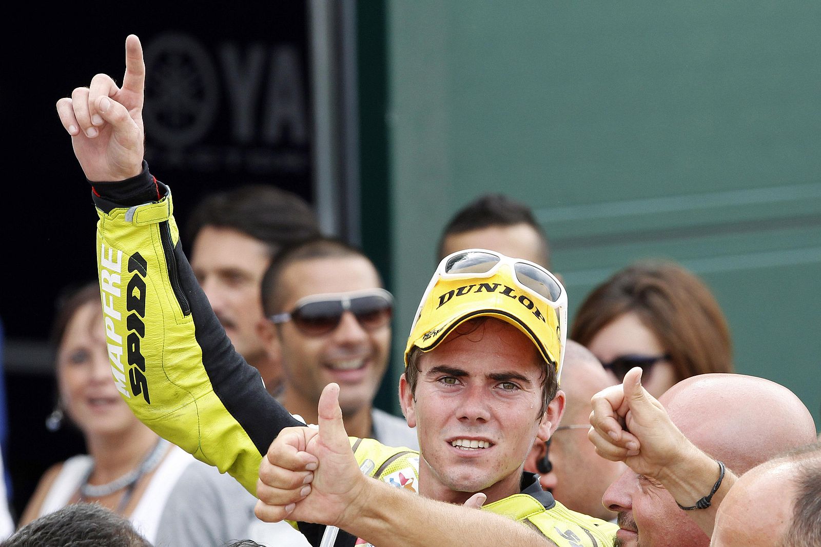 Aprilia 125cc rider Terol celebrates after winning the San Marino motorcycling Grand Prix at the Misano circuit