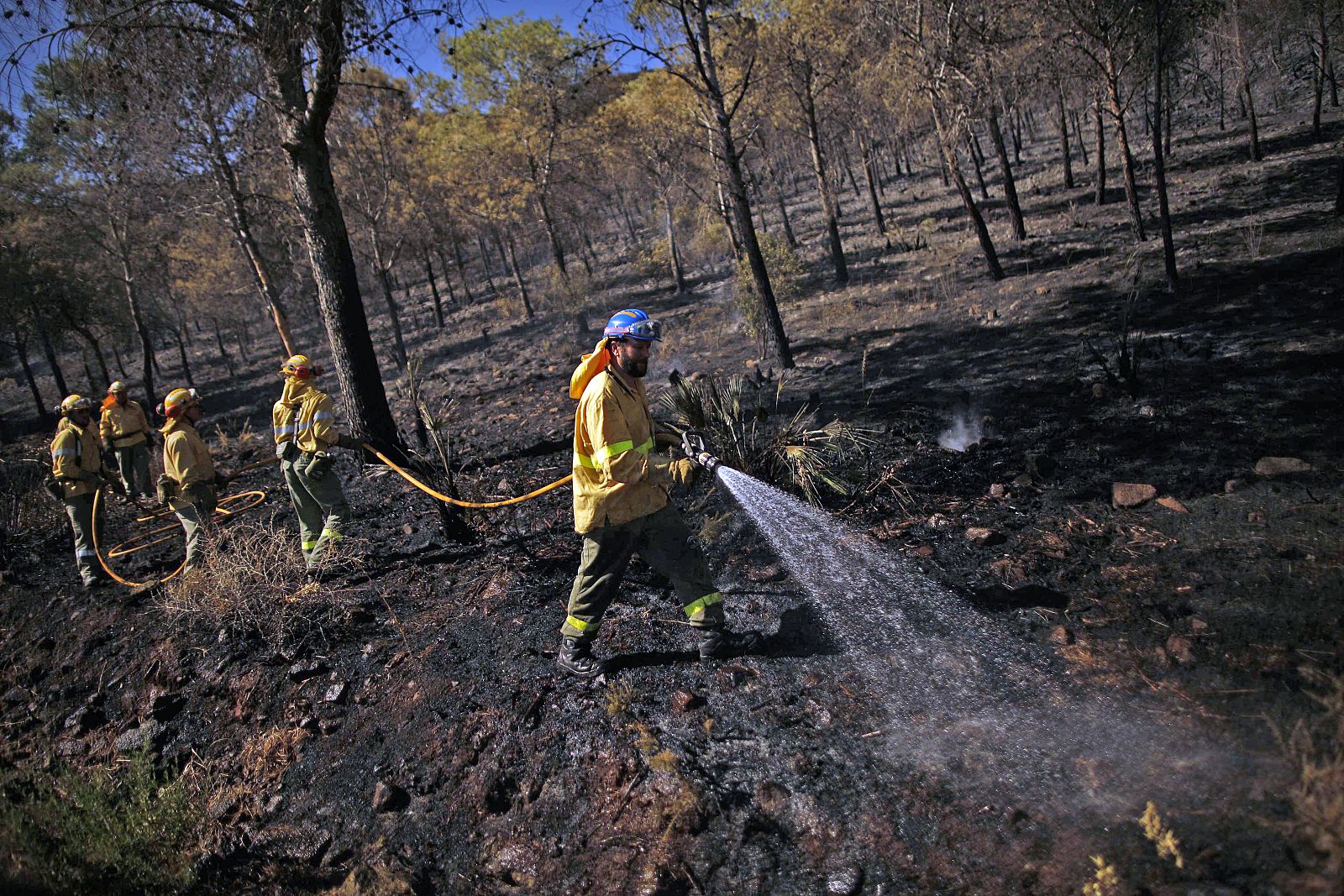 Los bomberos trabajan para apagar el fuego declarado en un paraje de Mijas, en Málaga.