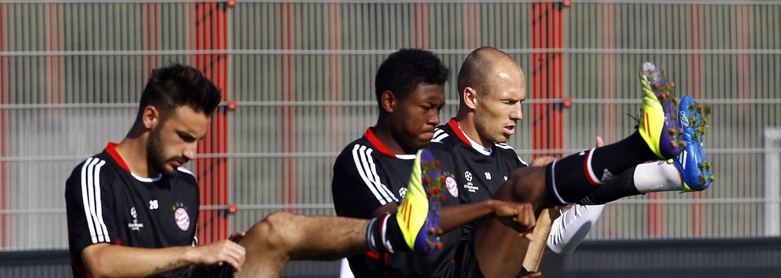 Bayern Munich's Contento, Alaba and Robben attend a practice session at the club's training complex in Munich