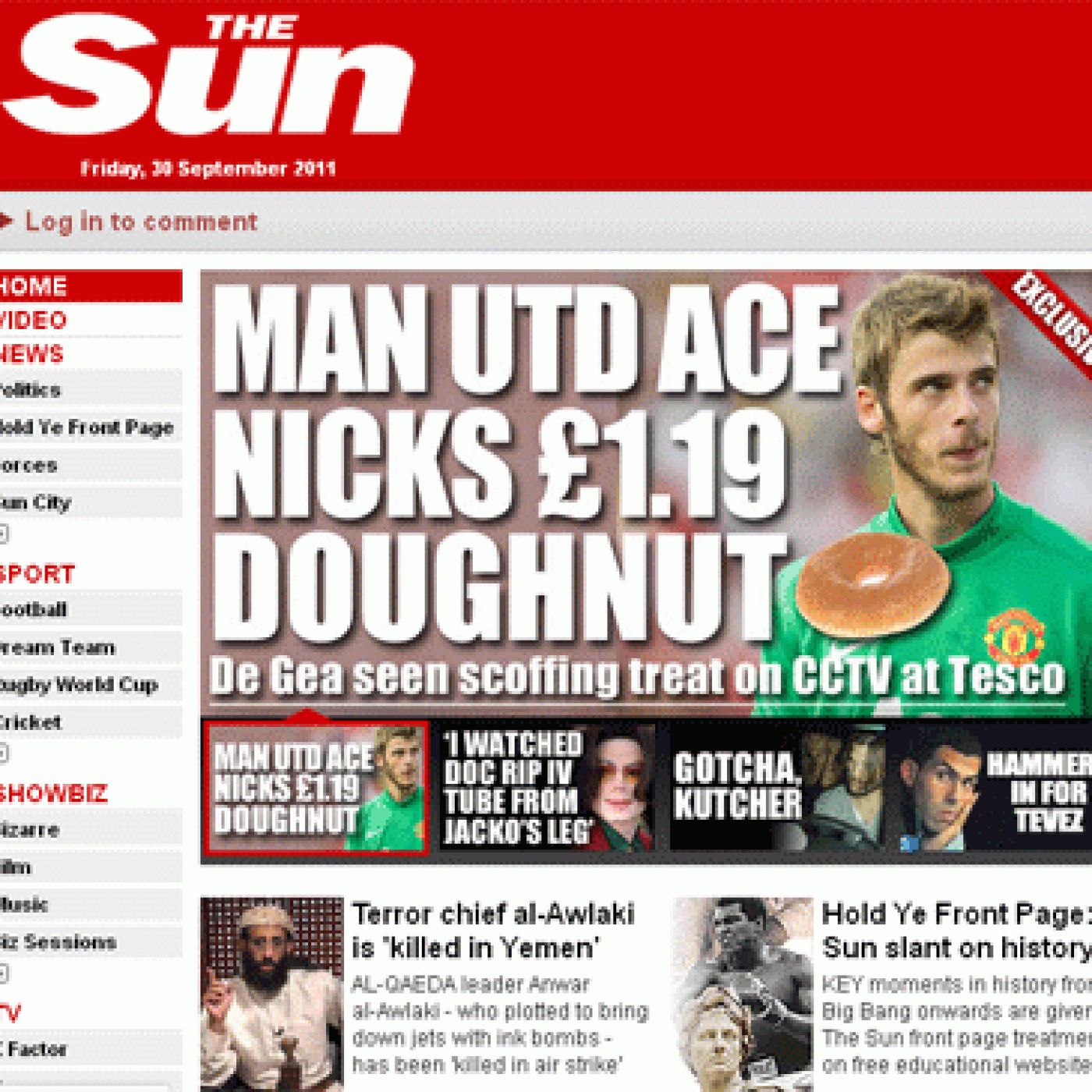 Portada del diario 'The Sun' en la que publican el robo de De Gea.
